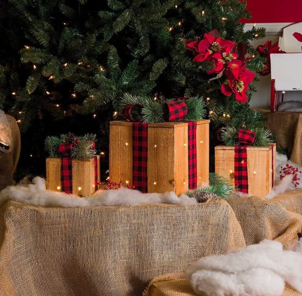Wood Christmas Light Up Gift Nesting Boxes with Bow Set of 3